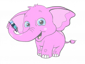 A pink happy elephant with a mobile phone.